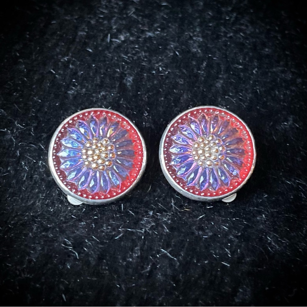 Czech Glass Button Sterling Silver AKR clip earrings - Picture 6 of 7